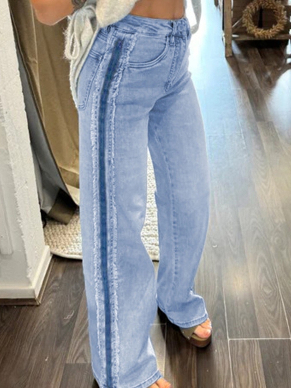 Light Blue Wide-Leg Jeans with Side Stripe